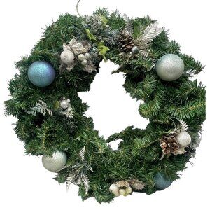 Christmas holiday wreath decor silver blue sparkle bulbs pinecone green 20" READ